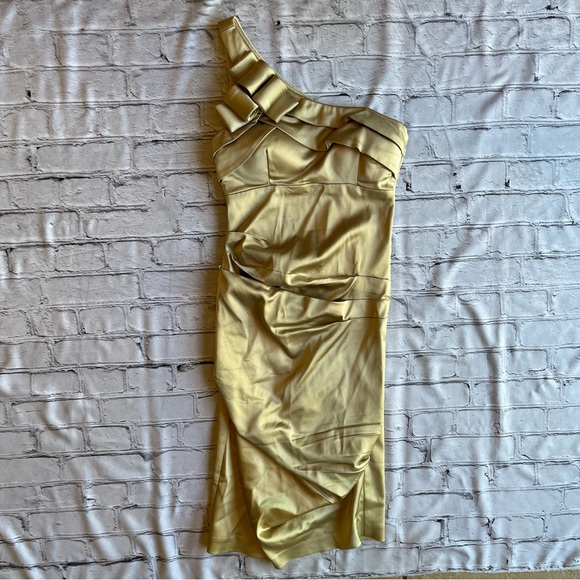 Vintage Gold Cache Mini Dress One Shoulder Size 2 Body Con Event Party Evening - Picture 1 of 16
